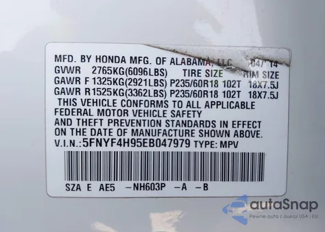 2014 Honda Pilot Touring from USA, damaged, VIN 5FNYF4H95EB047979
